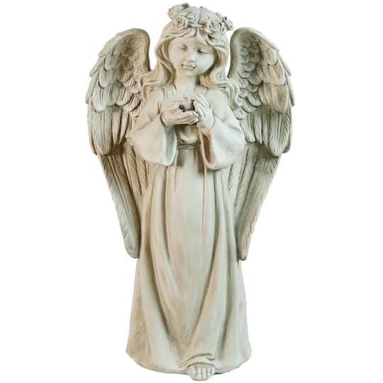 20.5" Gray Standing Girl Angel Holding a Bird Outdoor Statue